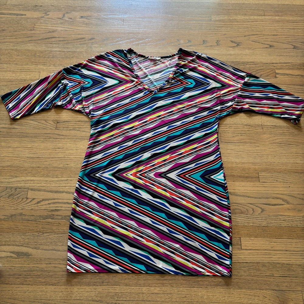 Trina Turk Womens Lg Geometric Chevron V-Neck Batwing Sleeve Shift Dress Tunic‎